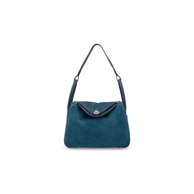 HERMES MASTER  A BLEU THALASSA SWIFT LEATHER & VEAU DOBLIS GRIZZLY LINDY 30 WITH PALLADIUM HARDWARE (30*21*15cm) 